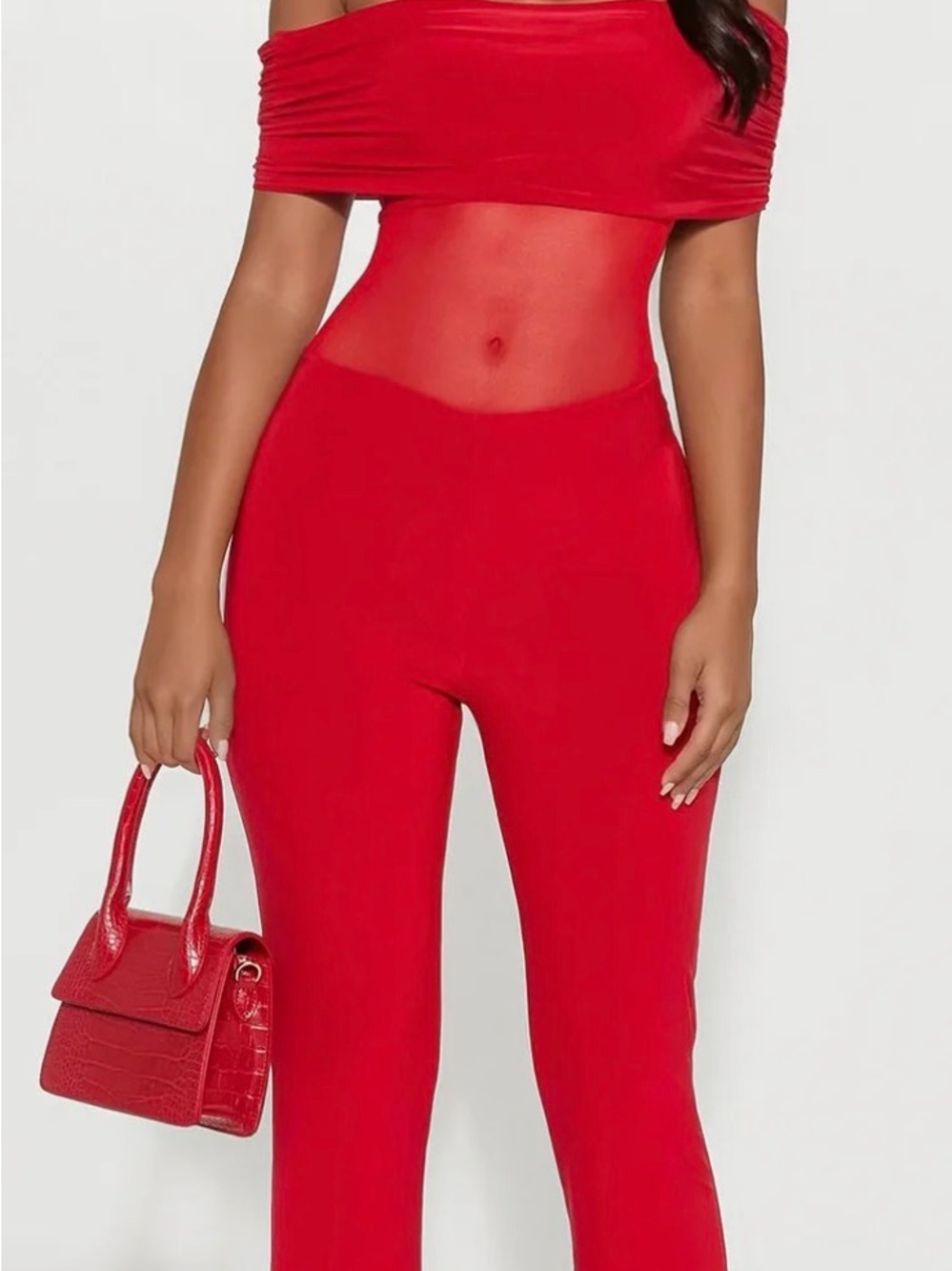 Fashion Nova Red Off-Shoulder Mesh-Panel Jumpsuit